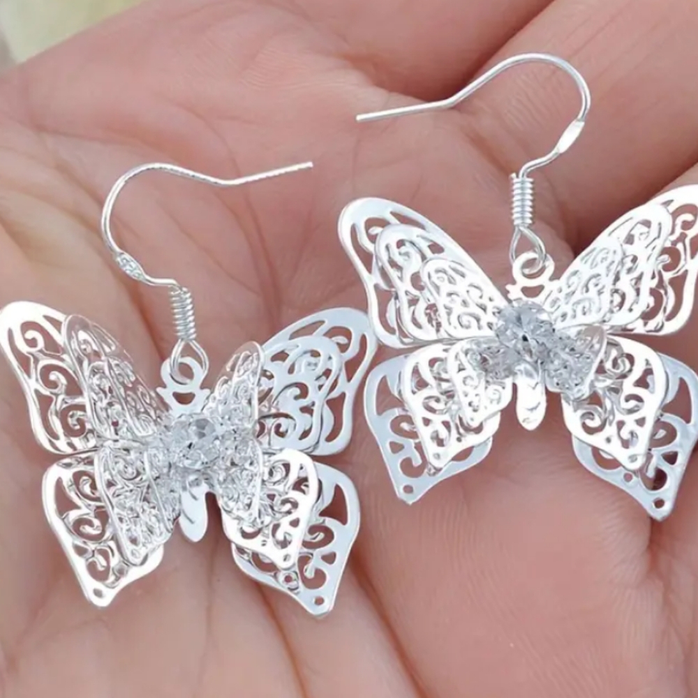 STERLING BUTTERFLY EARRINGS 3D DESIGN 1 1/2 IN DANGLE 1 1/2IN ACROSS